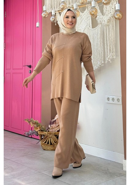 Taş Detaylı Tunik ve Pantolon Ikili Triko Takım 2-1545 Vizon modelleri