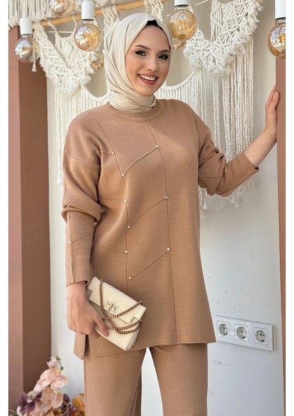 Taş Detaylı Tunik ve Pantolon Ikili Triko Takım 2-1545 Vizon fırsatları
