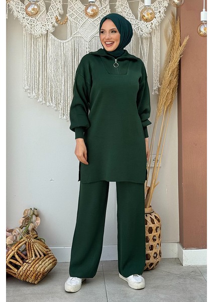 Yakası Fermuarlı Tunik ve Pantolon Ikili Triko Takım 2-1535 Zümrüt