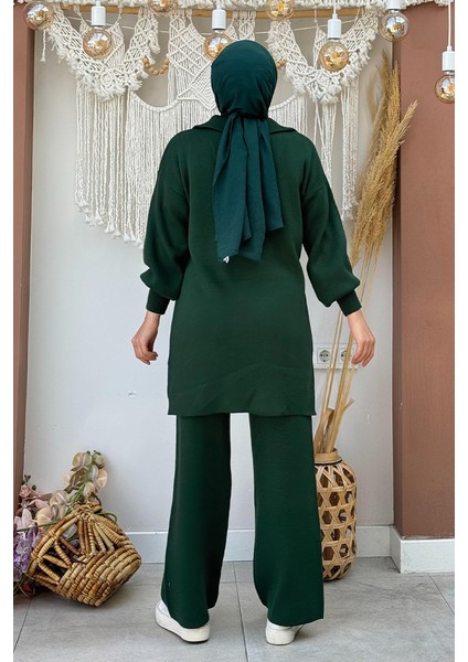 Yakası Fermuarlı Tunik ve Pantolon Ikili Triko Takım 2-1535 Zümrüt fiyatları