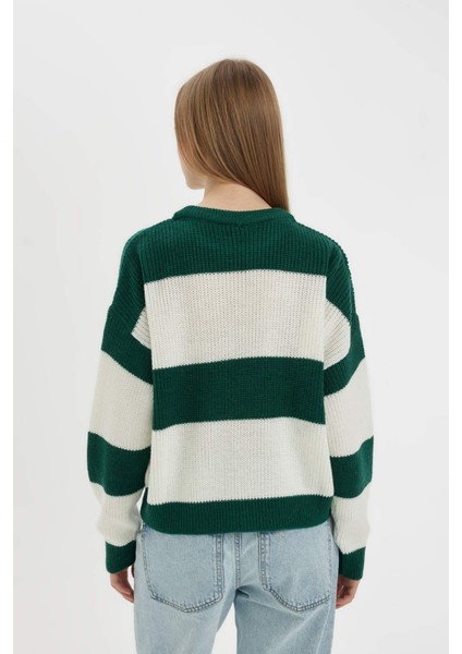 Coool Oversize Geniş Kalıp Bisiklet Yaka Çizgili Triko Kazak X4931AZ24WN