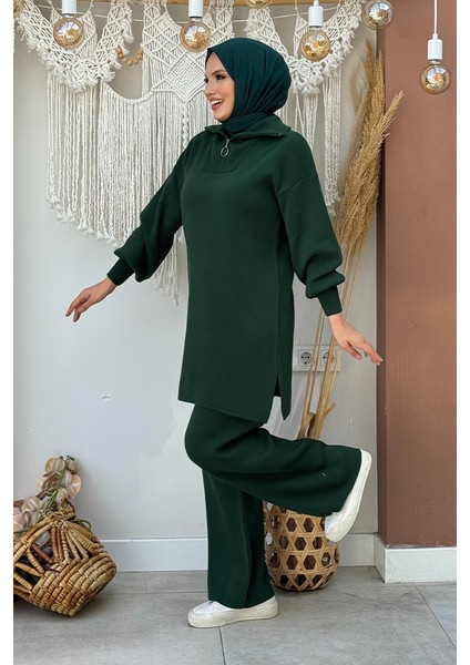 Yakası Fermuarlı Tunik ve Pantolon Ikili Triko Takım 2-1535 Zümrüt modelleri