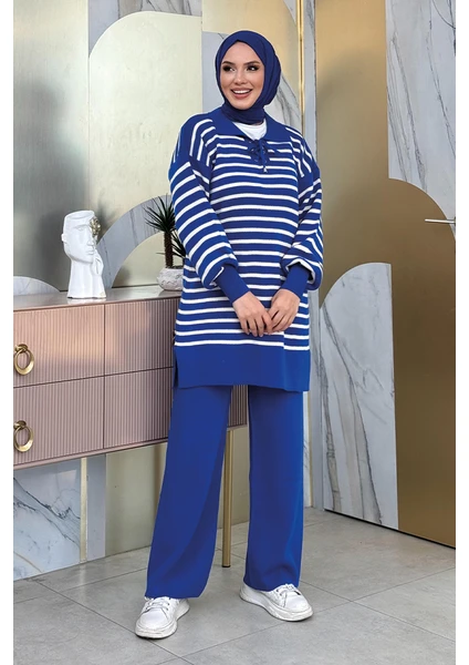 Bym Fashion Yaka Bağlama Detaylı Tunik ve Pantolon Ikili Triko Takım 2-1515 Saks