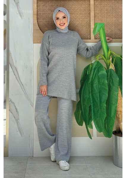 Taş Detaylı Tunik ve Pantolon Ikili Triko Takım 2-1545 Gri
