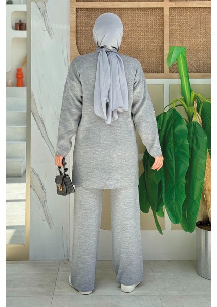 Taş Detaylı Tunik ve Pantolon Ikili Triko Takım 2-1545 Gri fiyatları