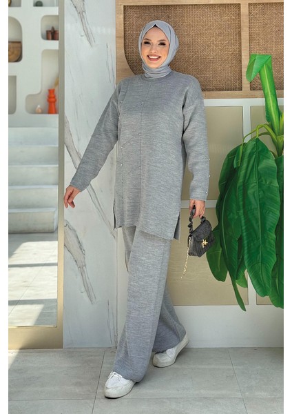 Taş Detaylı Tunik ve Pantolon Ikili Triko Takım 2-1545 Gri modelleri