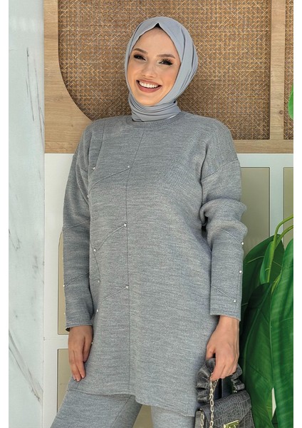 Taş Detaylı Tunik ve Pantolon Ikili Triko Takım 2-1545 Gri fırsatları