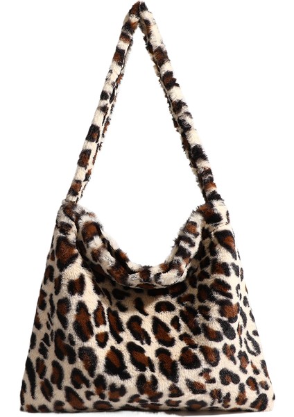 Leopar Desenli Peluş Büyük Kapasiteli Kadın Omuz Çantası Çantası (Yurt Dışından)