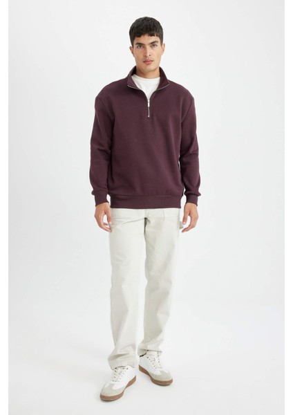 Koyu Bordo Comfort Regular Fit Rahat Kalıp Dik Yaka Fermuarlı Kalın Basic Düz Sweatshirt X7405AZ24AU