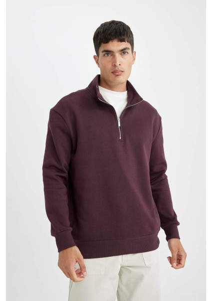 Koyu Bordo Comfort Regular Fit Rahat Kalıp Dik Yaka Fermuarlı Kalın Basic Düz Sweatshirt X7405AZ24AU