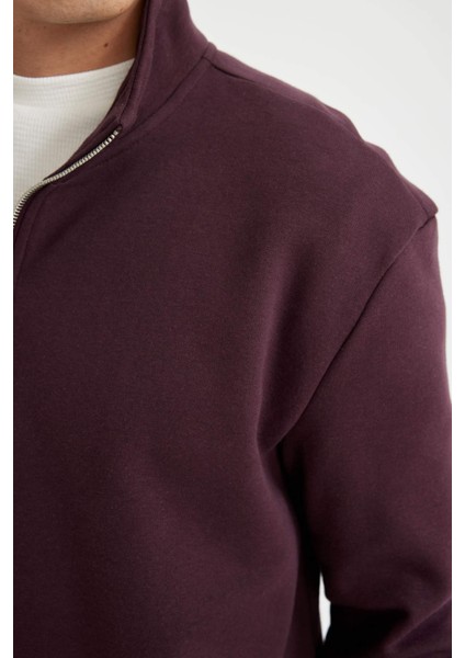 Koyu Bordo Comfort Regular Fit Rahat Kalıp Dik Yaka Fermuarlı Kalın Basic Düz Sweatshirt X7405AZ24AU