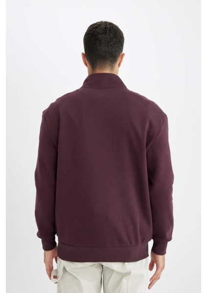 Koyu Bordo Comfort Regular Fit Rahat Kalıp Dik Yaka Fermuarlı Kalın Basic Düz Sweatshirt X7405AZ24AU