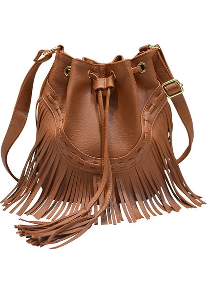 Kadın Çantası Ipli Püsküllü Kova Çanta Omuz Crossbody Çanta (Yurt Dışından)