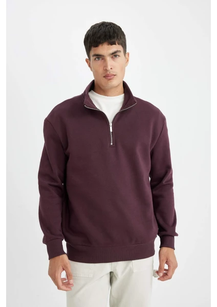 Koyu Bordo Comfort Regular Fit Rahat Kalıp Dik Yaka Fermuarlı Kalın Basic Düz Sweatshirt X7405AZ24AU