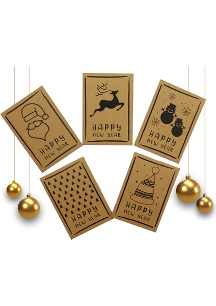 10X14 cm Yılbaşı Temalı 5 Adet Tebrik Kartı Model-4 Happy New Year