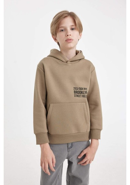 Erkek Çocuk Cepli Yazı Baskılı Kapüşonlu Kalın Okul Sweatshirt C7567A824WN