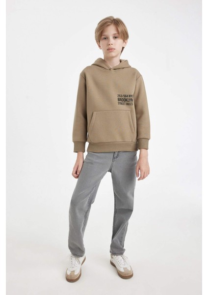Erkek Çocuk Cepli Yazı Baskılı Kapüşonlu Kalın Okul Sweatshirt C7567A824WN