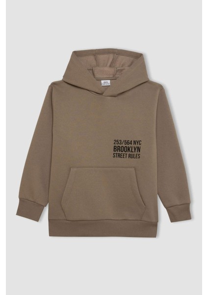 Erkek Çocuk Cepli Yazı Baskılı Kapüşonlu Kalın Okul Sweatshirt C7567A824WN