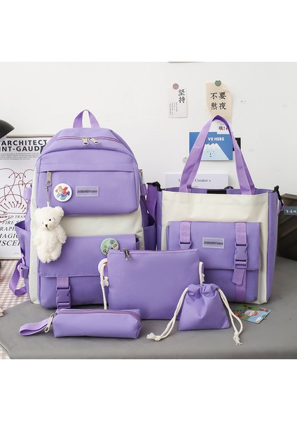 Kızlar Için Yeni 5 Parçalı Okul Çantası Seti, Kore Versiyonu, Ilkokul Öğrencileri, Ortaokul Öğrencileri, Lise Öğrencileri, Büyük Kapasiteli, Küçük, Yeni ve Şık Sırt Çantası (Yurt Dışından)
