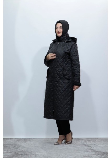 Kürklü Kapitone Kapişonlu Fermuarlı Mont Kaban