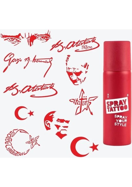 Atatürk ve Cumhuriyet Dövme Şablon Seti-En Sevilenler + Kırmızı Sprey