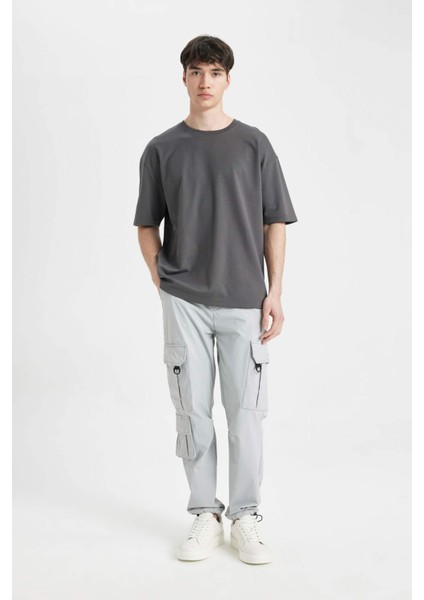 Oversize Geniş Kalıp Bisiklet Yaka Kısa Kollu Basic Düz Ağır Kumaş Tişört X3926AZ24AU
