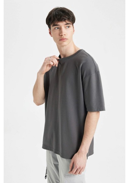 Oversize Geniş Kalıp Bisiklet Yaka Kısa Kollu Basic Düz Ağır Kumaş Tişört X3926AZ24AU