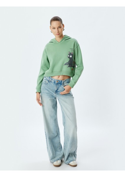 Crop Oversize Sweatshirt Kapüşonlu Kedi Baskılı Şardonlu