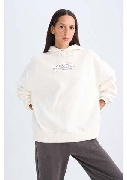 Oversize Geniş Kalıp Kapüşonlu Baskılı Kalın Sweatshirt D5292AX24AU