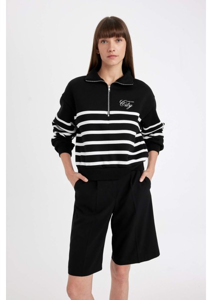 Regular Fit Yarım Fermuarlı Dik Yaka Çizgili Kalın Sweatshirt D5297AX24AU