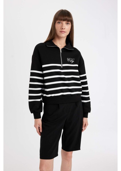 Regular Fit Yarım Fermuarlı Dik Yaka Çizgili Kalın Sweatshirt D5297AX24AU