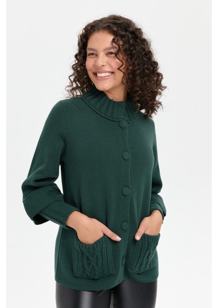 Kadın Dik Yaka Truvakar Kol Kısa Yün Ceket Yeşil fırsatları