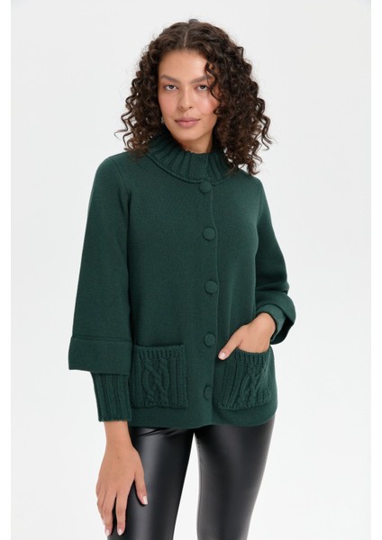 Kadın Dik Yaka Truvakar Kol Kısa Yün Ceket Yeşil