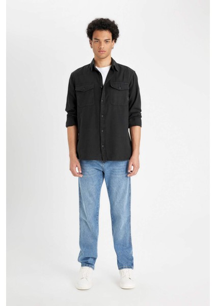 %100 Pamuk Regular Fit Polo Yaka Basic Düz Uzun Kollu Gömlek B2654AX24AU