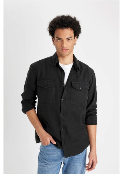 %100 Pamuk Regular Fit Polo Yaka Basic Düz Uzun Kollu Gömlek B2654AX24AU