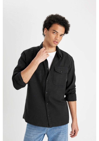 %100 Pamuk Regular Fit Polo Yaka Basic Düz Uzun Kollu Gömlek B2654AX24AU