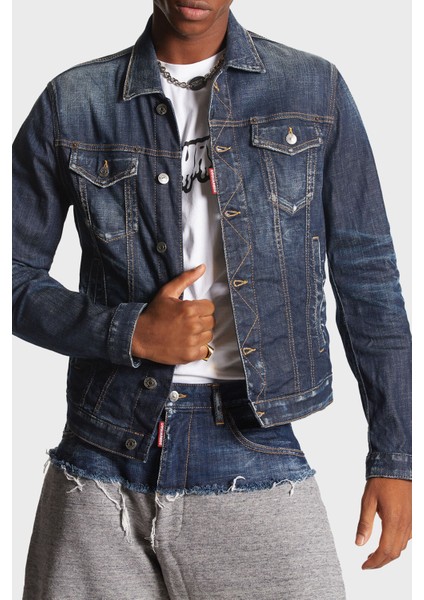 Logolu Streç Pamuklu Slim Fit Kot Ceket Erkek Kot Ceket S74AM1470 S30342 470
