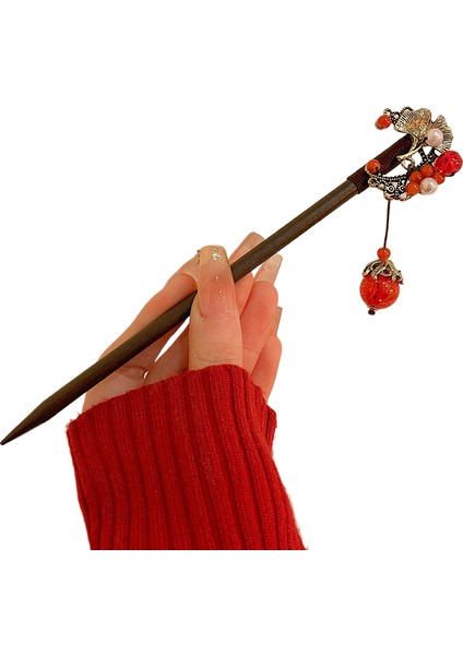 Çin Tarzı Ahşap Püskül Saç Tokası, Yılbaşı Kırmızı Çiçek Saç Tokası, Saç Tokası, Antik Tarzı Cheongsam, Hanfu, Çin Tarzı Saç Süsü, Başlık (Yurt Dışından)