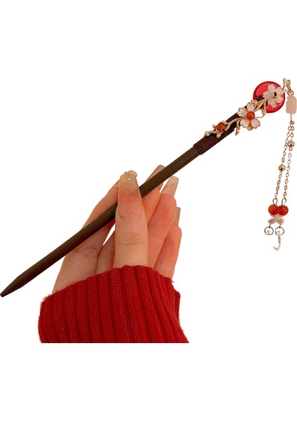 Çin Tarzı Ahşap Püskül Saç Tokası, Yılbaşı Kırmızı Çiçek Saç Tokası, Saç Tokası, Antik Tarzı Cheongsam, Hanfu, Çin Tarzı Saç Süsü, Başlık (Yurt Dışından)