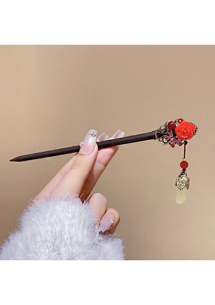 Çin Tarzı Ahşap Püskül Saç Tokası, Yılbaşı Kırmızı Çiçek Saç Tokası, Saç Tokası, Antik Tarzı Cheongsam, Hanfu, Çin Tarzı Saç Süsü, Başlık (Yurt Dışından) modelleri