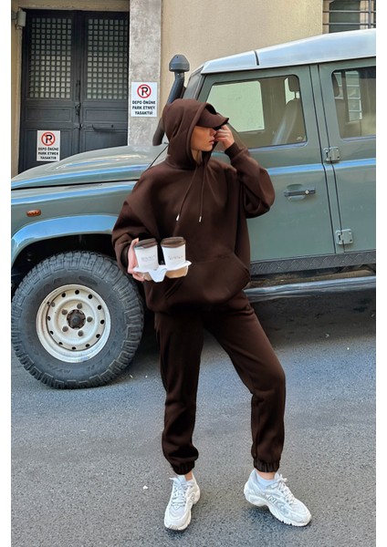 Kadın 3 Iplik Bol Kesim Kışlık Hoodie Sweatshirt Jogger Alt Eşofman Takımı