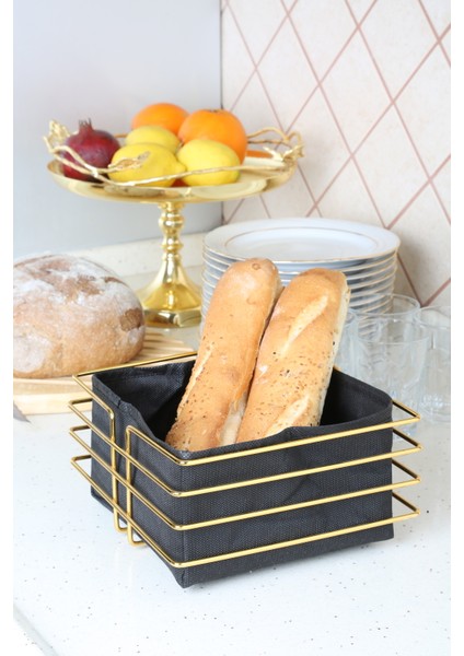 Kare Ekmeklik Ekmek Sepeti Çok Amaçlı Lüx Gold Paslanmaz Sepet Siyah Kumaş