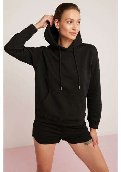 Abelia Kadın Içi Polarlı Yumuşacık Kalın Kumaşlı Kapüşonlu Comfort Fit Siyah Sweatshirt