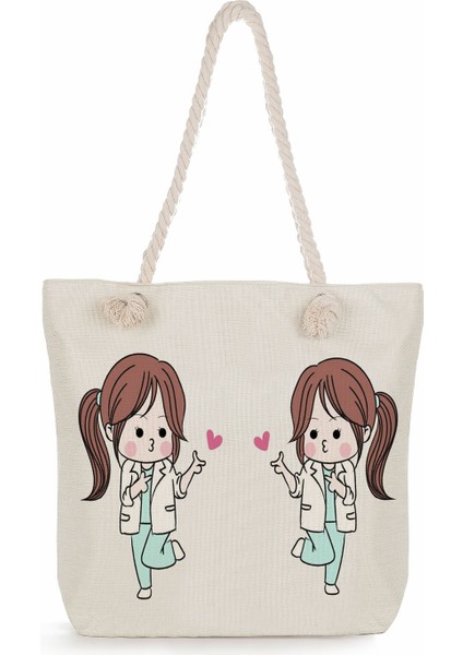 Karikatür Bayan Hemşire Baskı Çanta Rahat Yüksek Kapasiteli Bayan Çantası Çanta Eko Yeniden Kullanılabilir Alışveriş Çantası Açık Seyahat Plaj Çantası (Yurt Dışından)