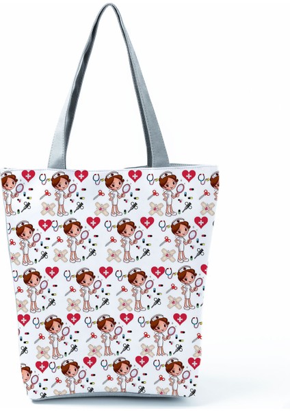 Hemşire Kalp Diş Işareti Özelleştirilmiş Eco Shopper Kadın Çantası Rahat Seyahat Çantası Omuz Çantası Polyester Tote Çanta Estetik (Yurt Dışından)