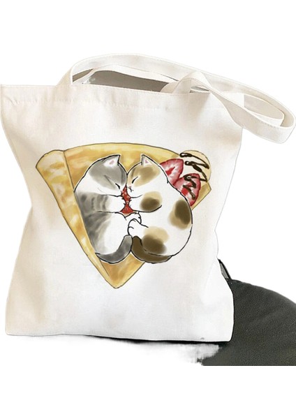 Bisiklete Binen Kedi, Sevimli ve Sevimli Baskılı Kanvas Çanta, Omuz Çantası, Öğrenci Çantası, Alışveriş Çantası (Yurt Dışından)
