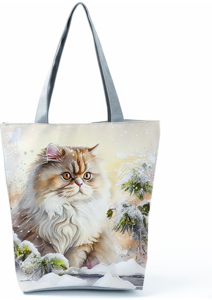 Sevimli Suluboya Kedi Baskı Çanta Büyük Kapasiteli Gündelik Kadın Çanta Güzel Karikatür Alışveriş Çantası Katlanabilir Seyahat Plaj Çantası (Yurt Dışından)