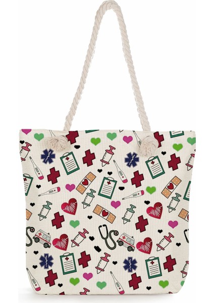 Karikatür Bayan Hemşire Baskı Çanta Rahat Yüksek Kapasiteli Bayan Çantası Çanta Eko Yeniden Kullanılabilir Alışveriş Çantası Açık Seyahat Plaj Çantası (Yurt Dışından)