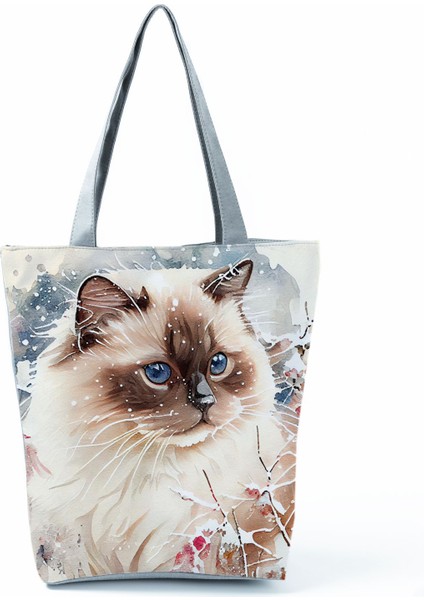 Sevimli Suluboya Kedi Baskı Çanta Büyük Kapasiteli Gündelik Kadın Çanta Güzel Karikatür Alışveriş Çantası Katlanabilir Seyahat Plaj Çantası (Yurt Dışından)