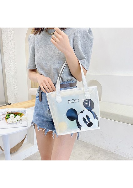 Disney Mickey Düz Renk Şeffaf Kadın Çantası Moda Büyük Kapasiteli Jöle Çanta Karikatür Sevimli Alışveriş Kova Çantası (Yurt Dışından) fırsatları